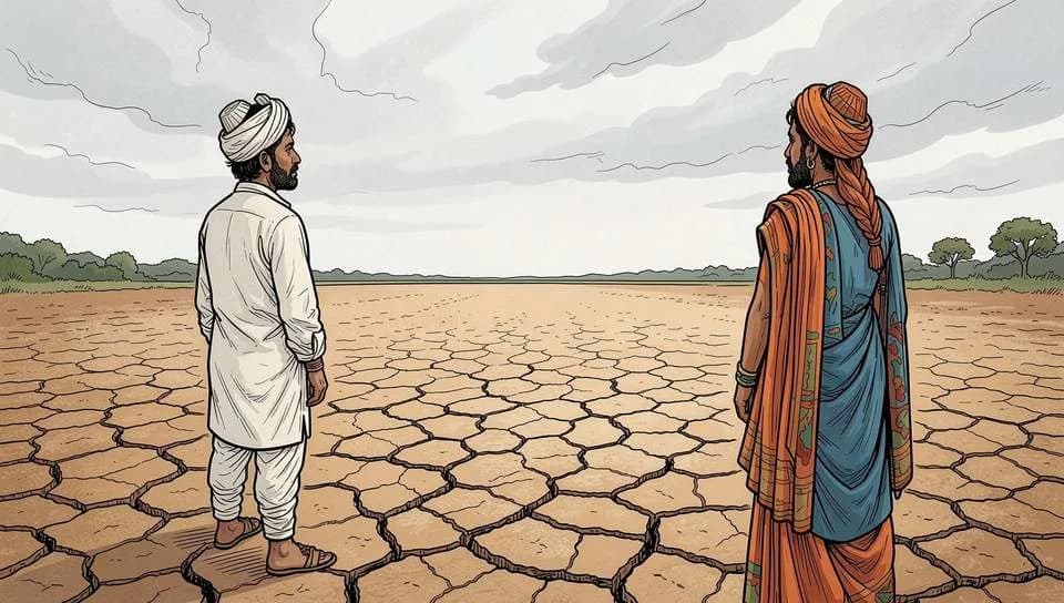 Two farmers standing on dry, cracked farmland